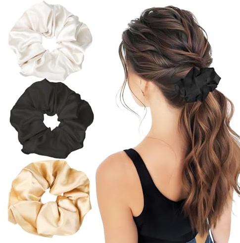 3 Stück seiden scrunchie,groß Elastische scrunchies haargummi,Weich Satin Haar Scrunchies Pferdeschwanzhalter seidenhaarbänder,seidenhaargummis zum schlafen für Frauen Damen Schwarz Weißer Champagner