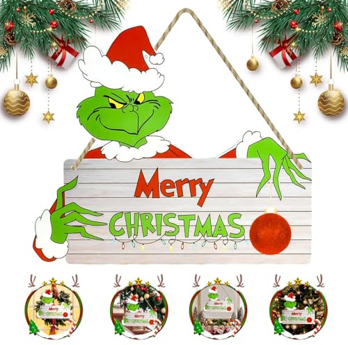 Weihnachtsschmuck Türschild, Weihnachten Grinch Türschilder, Türschild Weihnachten aus Holz für Tür, Weihnachtsdeko für Tür, Fenster, Kamin, Wand oder Weihnachtsbaum