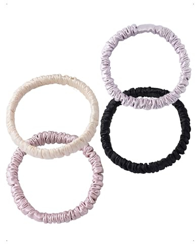 SanKristo 4 Coleteros mujer 100% seda pura de morera gomas el pelo 19 mommes 1cm finas elásticas suaves no dañan cabello reducen encrespamiento y la rotura regalo niñas, blanco/negro/rosa/morado