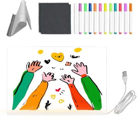 Pizarra de Notas LED | Pizarra De Escritura Acrílica Transparente,Con 12 Bolígrafos de Colores y Soporte Plegable Ajustable Tablero de Borrado en LED,Para Jóvenes Y Niños, Material De Arte,