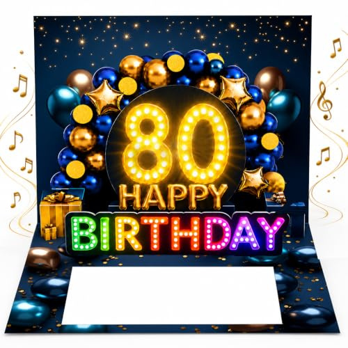 Joli Coon Geburtstagskarte 80 mit Musik und Licht, 20 × 15 cm | Pop-up-Mechanismus, Fächer für Geldscheine, Goldveredelung, passendes Kuvert, Siegelsticker, zum 80. Geburtstag