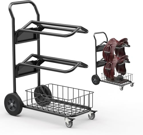 Novona Heavy Duty Rolling Saddle Rack Cart with Basket, Horse Tack Dolly Saddle Stand Foldable Show Cart for Western & English Saddles, Bridles, Helmets, Horse Gear Storage