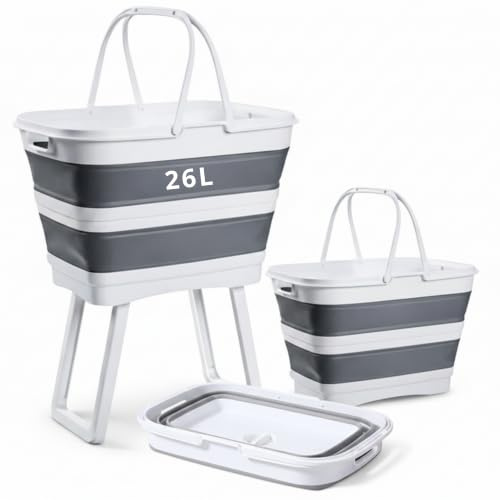 Faltbare Multifunktions-Waschwanne mit Ablauf - 26 L (weiß) | Faltkorb wasserdicht & platzsparend, Wäschekorb faltbar, Spülbecken & Outdoor-Waschstation für Camping, Garten & Haushalt