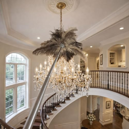The Home Valet Company New Super Long Reach Ostrich Feather Duster Telescopic Slimline Stainless Steel Handle Extends From 44cm To Over 2.4 Meters With The Head Use Handheld Also