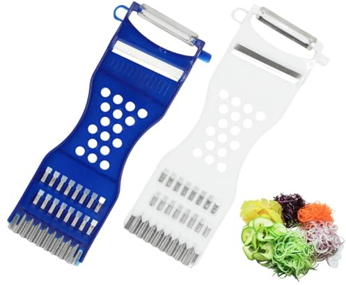 2 Pièces Éplucheur Multifonction 6-en-1 — Épluche Légume,Économe Julienne et Fruit Peeler Polyvalent,Poignée Ergonomique, Lave‑Vaisselle,Idéal pour Pommes de Terre,Carottes et Salade (Bleu et Blanc)