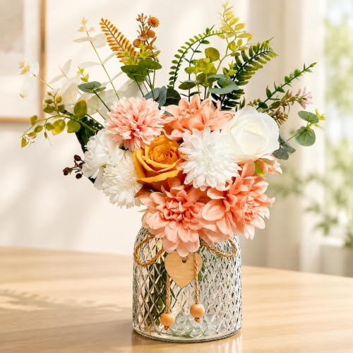 Artificial Flowers in Vase, Roses, Dahlias & Eucalyptus Silk Floral Arrangement, Faux Flowers with Vase, Fake Flowers for Dining Table Centrepiece, Living Room, Bedroom, Kitchen, Office & Home Décor
