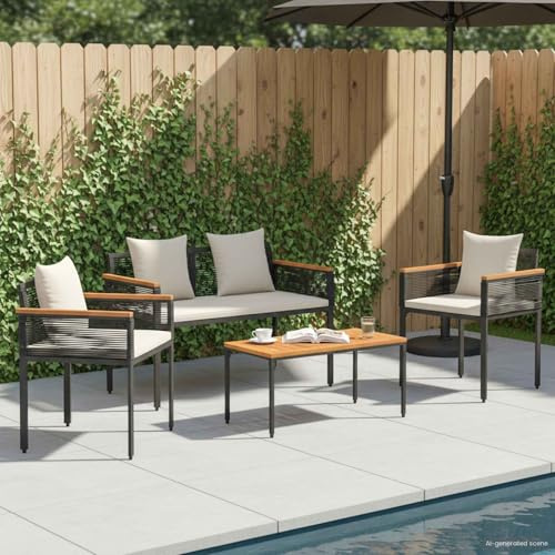 Ziaphsol trädgårdsmöbelset med kudde, svart, krämvit, poly-rotting 4-delad för terrass, balkong, trädgård, lounge, matgrupp, väderbeständig, hållbar, bekväm