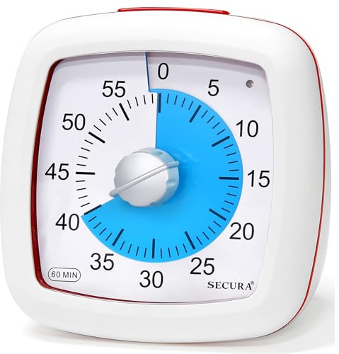 Secura 60-Minute Visual Timer, Kitchen Timer, Countdown Timer for Kids and Adults, Loud Alarm, Time Management Tool with Pause Function (Blue & White)