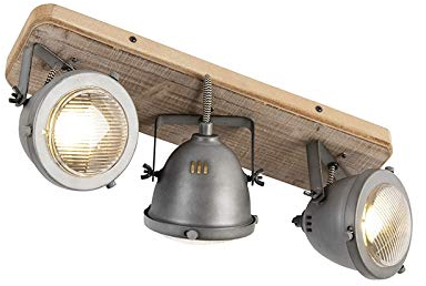 Qazqa - Industrial Spotbar I Spotlight Ceiling bar Steel I Nickel Matt I Satin with Wood tiltable 3-Way Light - Emado- - Industrial - Suitable for LED GU10 | 3 Way Light - Steel Surface-Mounted spot