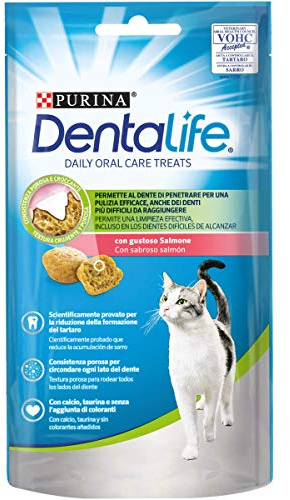 Purina Dentalife Daily Oral Care, Snack dental para gato adulto, premio para Gato con Salmón, Pack de 8 bolsas de 40g