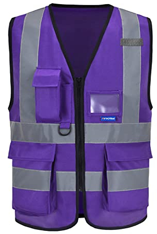 A-SAFETY High Visibility Reflective Vest with 7 Pockets, Zipper, Purple, L