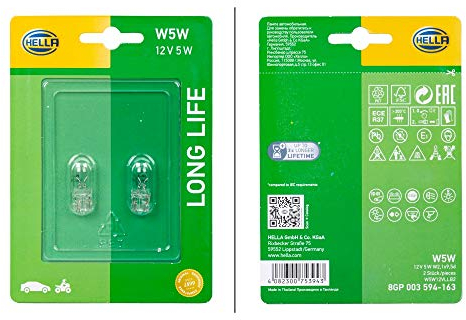 HELLA 8Gp 003 594-163 Ampoule - W5W - Long Life Up To 3X Longer Lifetime - 12V - 5W - Type De Culot: W2,1X9,5D - Blister - Quantité: 2