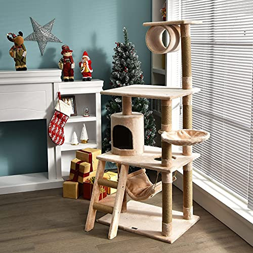 COSTWAY Cat Tree, Cats Climbing Tower with Scratching Posts, Condo, Hammock and Basket, Multi-level Play Activity Centre for Kittens (Beige)