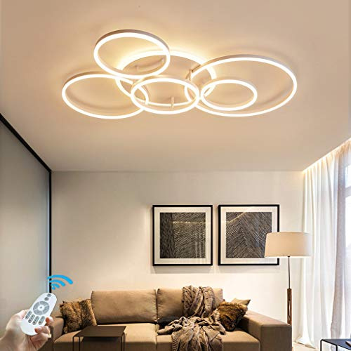 HYKISS LED-Deckenleuchte 86W Dimmbar 6 Ringe Kronleuchter, Weiß, Ø115CM | Modern, Metall-Acryl, Mit Fernbedienung, Runde Form