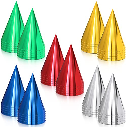 Sumind Party Hat, Costume Headwear - 50 Pieces Cone Paper Hats with Metallic Foil, Assorted Colors for Birthday, Baby Shower, Anniversary, Housewarming Party and More - Gold, Silver, Red, Green, Blue