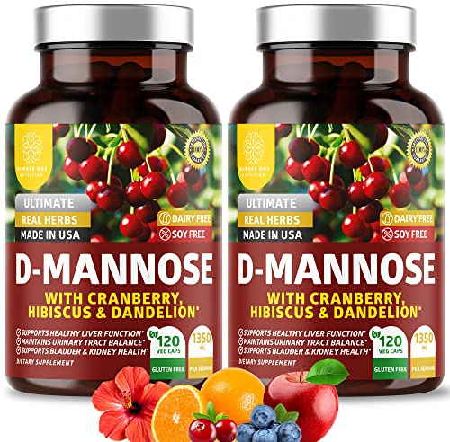 Number One Nutrition Premium D Mannose with Cranberry and Hibiscus [Max Strength, 1350mg] (120 Count (Pack of 2))