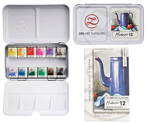 ZenArt Supplies Professional Watercolour Paint Set Moderno - Non-Toxic 12 Half-Pan in Metal Tin Palette Portable Travel for Adults Vibrant Modern Water Color Artists by (SPN0022-PW12S-B)