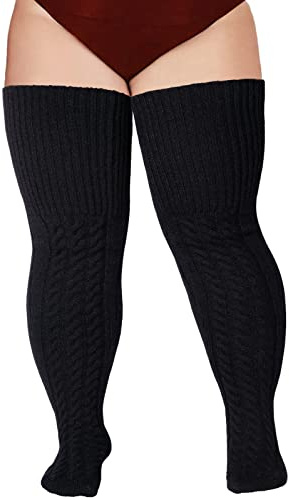 Moon Wood Calze Coscia Donna Lana Calda Extra Lunghe Calze Alte Taglie Forti Scaldamuscoli Invernali Termici con Reggicalze Nero