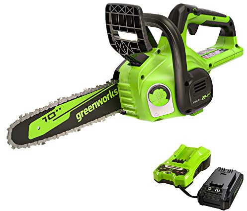 Greenworks 24V 10 Cordless Compact Chainsaw (Great For Storm Clean-Up, Pruning, and Firewood), 2.0Ah Battery and Charger Included