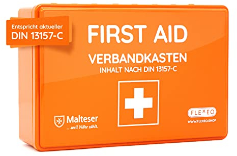 Verbandkasten C nach neuer DIN 13157:2021, mit Wandhalterung/Wandmontage, Betriebsverbandkasten/Erste-Hilfe-Kasten für Betriebe, Büro & Baustelle gemäß ASR, orange (Betriebsverbandkasten)