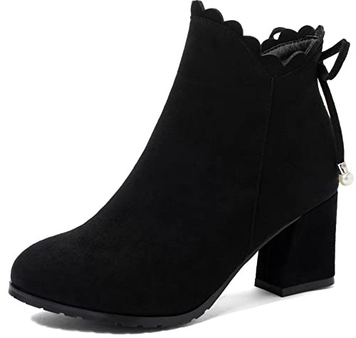 Lroey Reoly Bottines À Talon Bloc Femme, Chaussons Habillés Facile Zip Bottes Courtes Talons Moyen Bout Rond Ruffles, Taille 33-45
