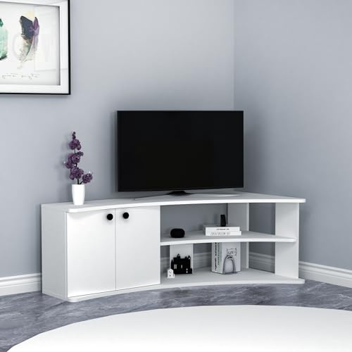 Dion White Corner TV Unit Stand Entertainment Center Media Console TV Lowboard with Storage Cabinets and Shelves for TVs up to 60, H 48.6 cm | W 135 cm | D 67.7 cm (White)