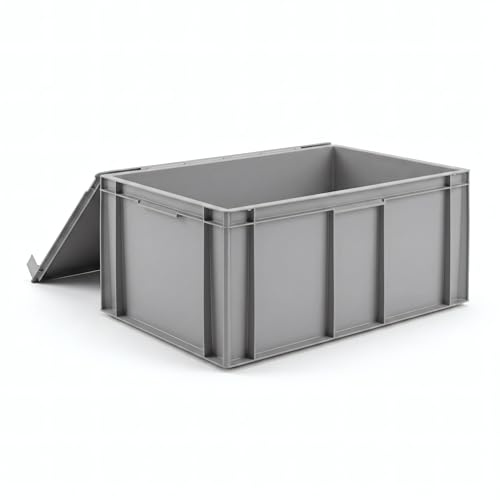 Horison Industries Euro Plastic Storage Containers with Lid 54 Liters – 600x400x291mm Stackable Crates for Heavy-Duty Use in Garage, Home & Storage Outdoor Use, Durable and Versatile Grey Tote Boxes