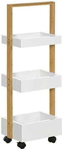 HOMCOM Carrito de Almacenamiento Delgado 28x18x75 cm Blanco y Natural | de Bambú, Carro Auxiliar, con Ruedas, Carrito de Cocina, con 3 Cestas y Asa, para Salón Baño