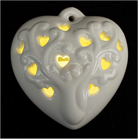 DLM 32601 (Kit 12 Pezzi) Ciondolo Appendino Cuore Cuoricino con Albero della Vita in Porcellana Bianca con Luce Lucetta LED Notturna Nozze Matrimonio Arredo bomboniera
