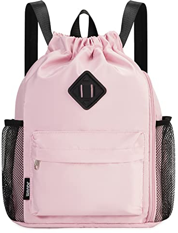 WANDF Rucksack mit Kordelzug, Sporttasche mit Schuhfach, wasserabweisender String-Rucksack Cinch für Damen Herren (Mittel,Rosa)