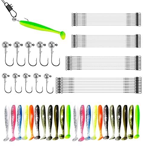 75pcs Angelzubehör, 40pcs stahlvorfach hecht, 4 Größen stahlvorfach mit Schnalle und Drehwelle, 22pcs gummifische, 10pcs Jigköpfe, Angelzubehör für Salzwasser und Süßwasserfische Fishing