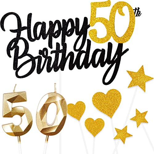 Kuchen Deko 50 Geburtstag Mädchen Jungen,Happy 50th Birthday Schwarz Gold Cake Topper with 3D Geburtstag Kerzen Nummer 50 Jungen für Mädchen Mann Frau Geburtstag Cake Dekoration (9 Stück)