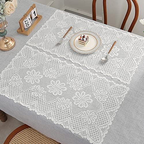 4 Stück Blumen Hohle Spitze Stickerei Tisch Tischset,Spitze Untersetzer Blumen-Form Matte Tischset Platzsets Tisch Deckchen Cup Coasters für Esszimmer Küche Bankett Hochzeit Deko Weiss,38x76cm