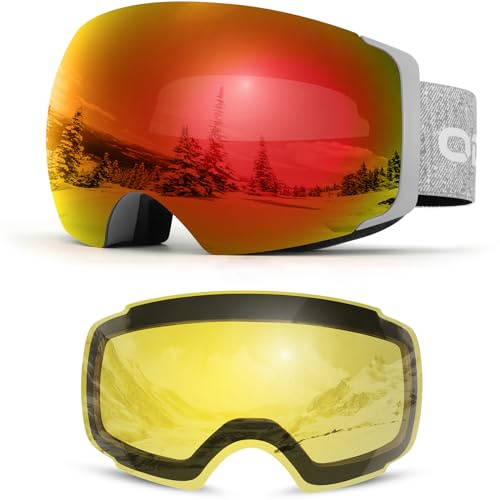 Odoland Kit de Lunettes de Ski Magnetique, avec Lentille Détachable, Masque de Snowboard Hommes et Femmes, Anti-UV400, Anti-Buée, Coupe-Vent, Lunettes de Protection Sphérique