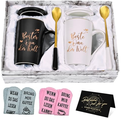 Joymaking Kaffeetasse Geschenkset mit Socke, Tasse Geschenk für Opa Oma zum Muttertag Vatertag Weihnachten, Personalisierte Geschenkidee für Großeltern, 400ml Schwarz und Weiß