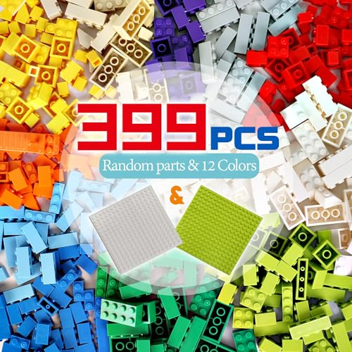 ekuzi Bricks Are Compatible with Lego Classic, 399 Pieces high Bulk Building Blocks in Random Colors & Two Stackable Baseplates for Kids Creative Set, for Above 6 Year Old Kids (Mixed Shape)