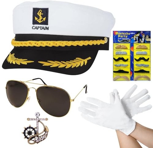Kapitänsmütze,Matrosenmütze,5 Stück Kapitän Hut Kapitänsmütze Kostüm Set,Kapitän Mütze Matrosen Kostüm Accessoires,Matrosenmütze Seemann Hut mit Kapitän Prop,Unisex Kapitän Hat für Partys Cosplay