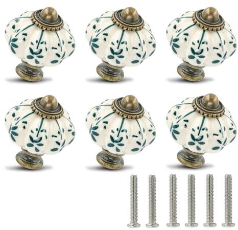 Zernmiarder Lot de 6 boutons de tiroir en céramique ivoire et vert - Style vintage - Avec vis - Fleur verte