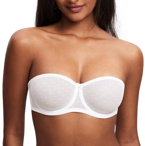 DOBREVA Women's Strapless Bra See Through Sheer Underwired Bras Unlined Plus Size White 34DD