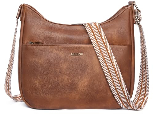 Telena Damen Schultertasche, Klein Umhängetasche Damen Crossbody Bag Kunstleder Handtasche Mittelgroß Braun