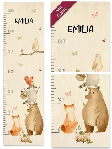 Messlatte Kind Holz - Tiere - Kindermesslatte Waldtiere I Bär I Fuchs I Waschbär I Eichhörnchen I Eule - 50-110 cm - Holz - kinder 160 tier wald holzmesslatte wand größe eulen meßlatte