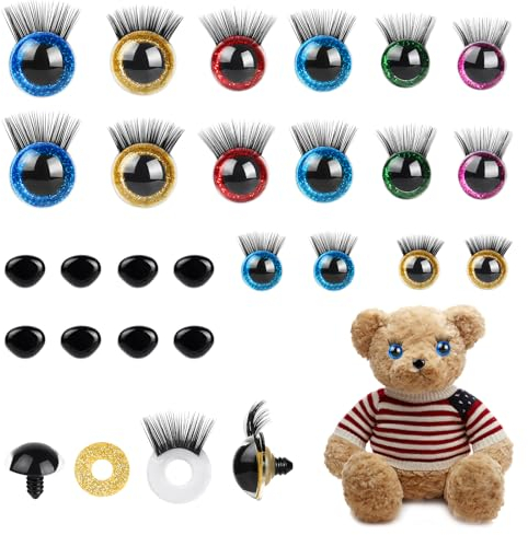 Amentalove 40 Stück 12-20mm Glitter Sicherheitsaugen mit Wimpern, Augen für Häkeltiere, Glitzer Sicherheitsaugen Puppenaugen mit Nasen Unterlegscheiben Bunt Knopfaugen für Plüschtier Bären Teddyaugen