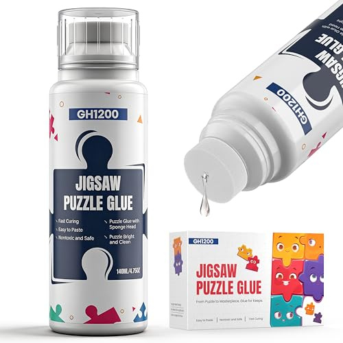 GH1200 Jigsaw Puzzle Glue with Sponge Head, 140ML x 2PCs, Strong APA Formula, Suitable for 1000/1500/3500 Pieces, Spot Free & Non-Toxic Glue for Puzzles, Clear Water-Soluble Paper & Wooden Puzzle Glue