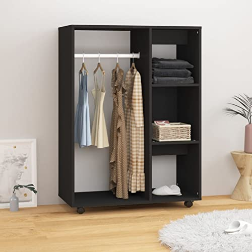 Gecheer Kleiderschrank mit offenem Fach 3 seitlichen Ablagen Rollen Garderobenschrank Garderobe Schlafzimmer Schrank Schwarz 80 x 40 x 110 cm (L x B x H) Spanplatte