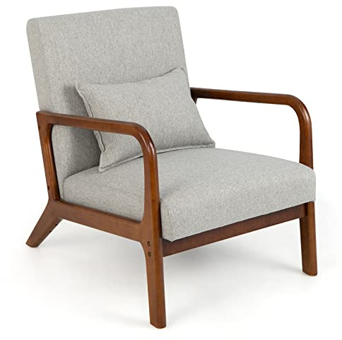 COSTWAY Fauteuil de Salon 1 Place, Fauteuil Relax Rembourré avec Coussin Lombaire, Cadre en Bois Massif de Caoutchouc & Patins Antidérapants, Fauteuil de Lecture pour Bureau, Charge 150 KG(Gris)
