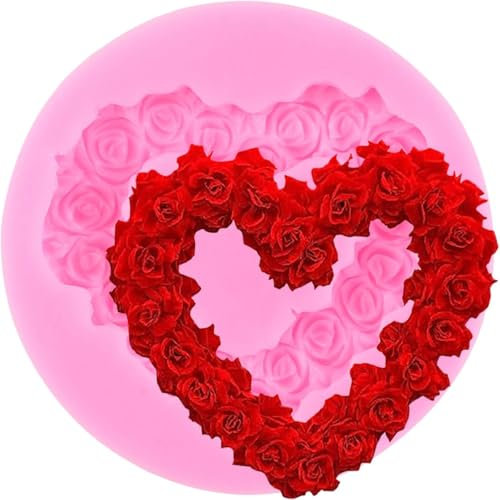 XMOLDNMS Rose Kranz Silikonform Herz Girlande Fondant Formen Rose Blume Form für Hochzeit Kuchen Dekoration Cupcake Topper Polymer Clay Candy Chocolate Gum Paste