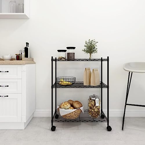 Makastle 3 Böden Regal Lagerregal auf Rädern, Klein Standregal Metallregal Küchenregal, 3 Etagen Schwerlastregal für Küche Badezimmer Abstellraum (bis 150 kg belastbar, 50 kg pro Regal)