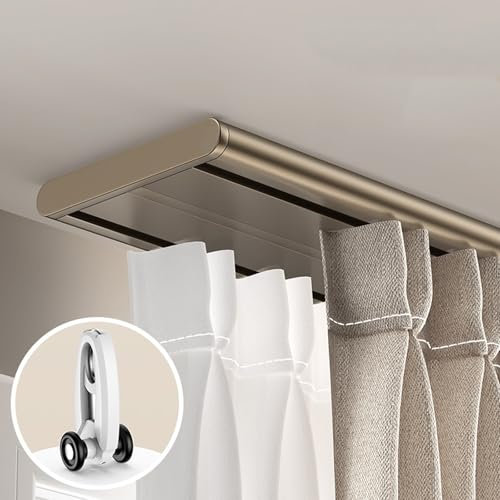 MZQMK Gardinenstange 3m, Vorhangschiene 2 Läufig, Vorhangschiene Deckenmontage, Mit Stummen Rollen, Für Schiebevorhänge, Gardinen Und Vorhänge(Champagne,1.1m(3.6ft))