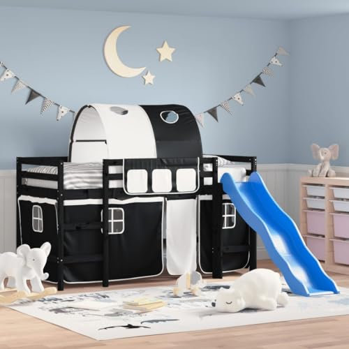 IKAYAA Hochbett mit Rutsche & Tunnel, Kinderbett mit Rutsche & Vorhängen, Hausbett 80 x 200 cm, Kinderbett Baumhaus mit Rutsche & Leiter, Hochbett für Kinder, Spielbett Schwarz