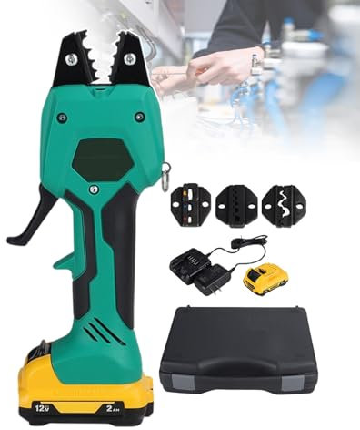 forplubossmmp Pince À Sertir Électrique Rechargeable avec Batterie 12 V, Pince Hydraulique pour Fil, Coupe-Câble Électrique Hydraulique avec Poignée Ergonomique 0,25~10 M㎡ (avec 12 Gants)